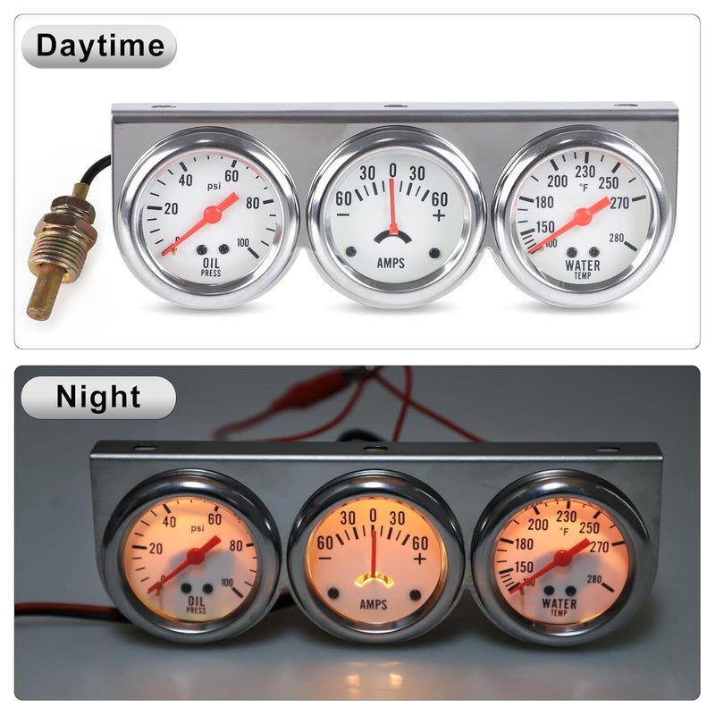 ANDO RACING 2" 52 mm 3 in 1 Car Meter Triple Gauge Kit Oil Pressure Gauge AMP Meter Water Temperature Gauge AMP Set White Face 12V Car Meter - Image 5